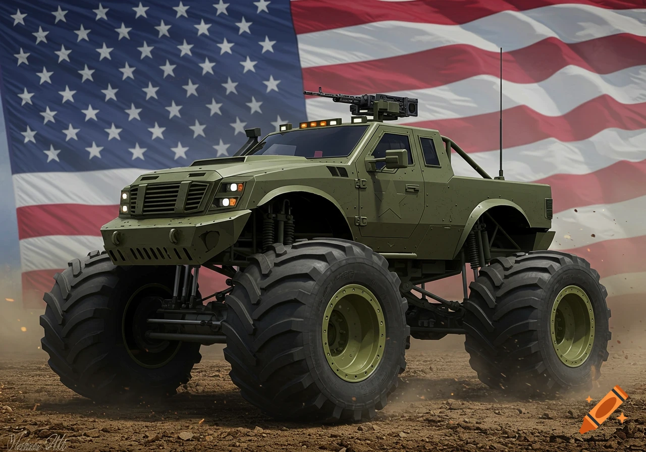 A military monster truck with a machine gun on top sits on dirt before a large American flag.