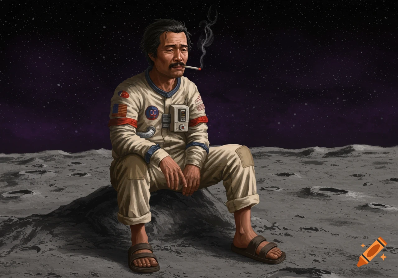 An Asian man in a space suit and sandals sits on the moon, smoking a cigarette, under a starry sky. Illustration style.