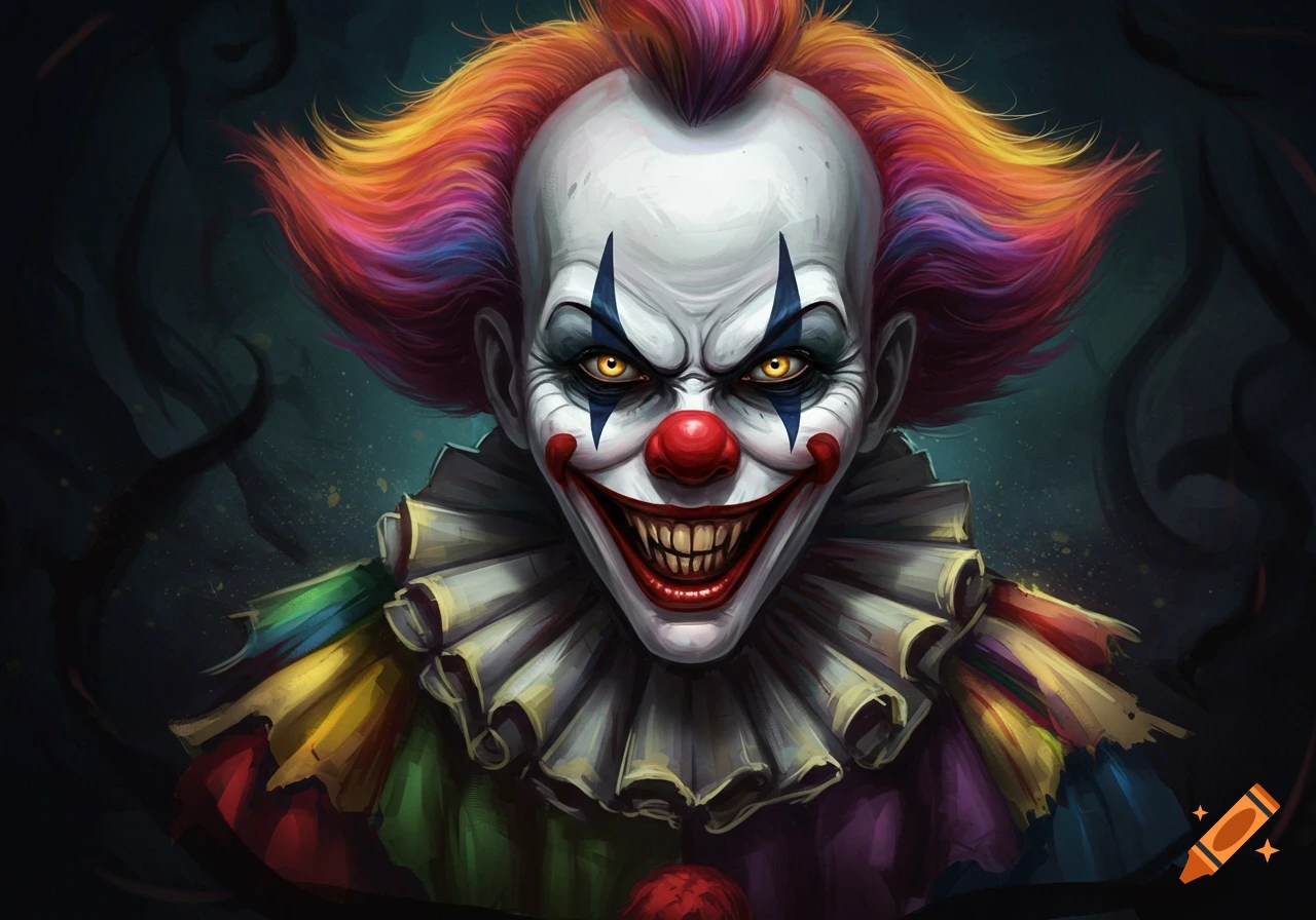 Close-up portrait illustration of a scary clown with glowing yellow eyes, sharp teeth, rainbow hair, and a ruffled collar.