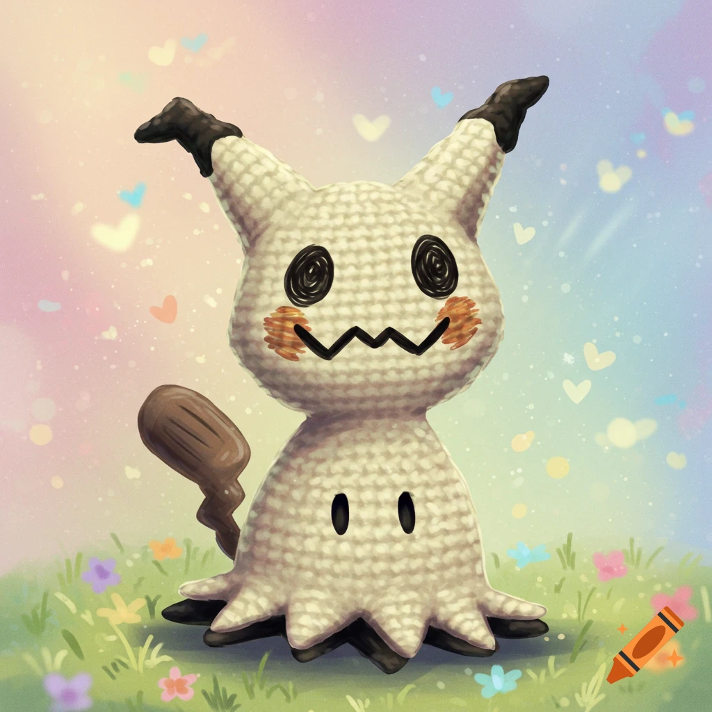 A crochet-style Mimikyu stands in a grassy field with small flowers and a pastel background with hearts.
