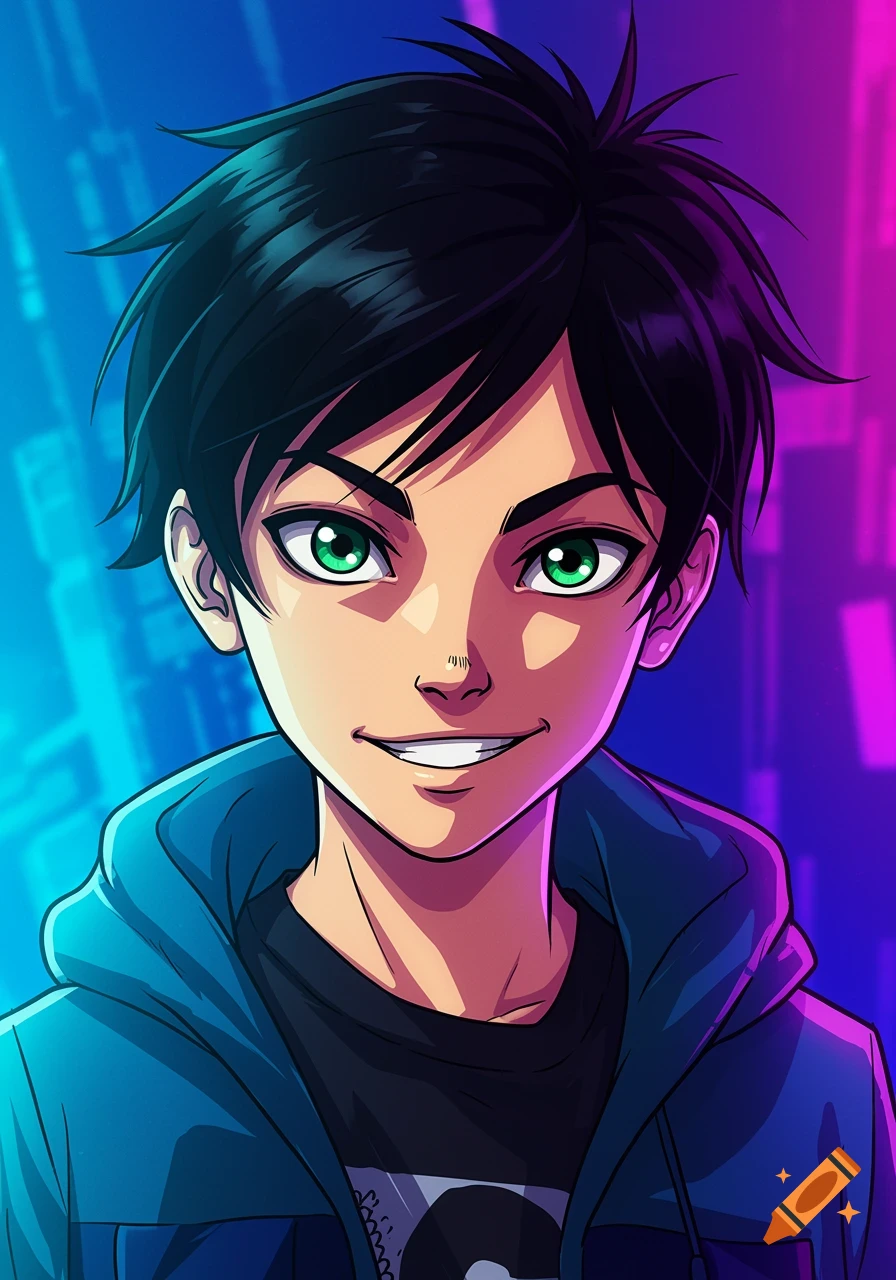 Anime portrait of a teenage boy with green eyes and black hair. on Craiyon