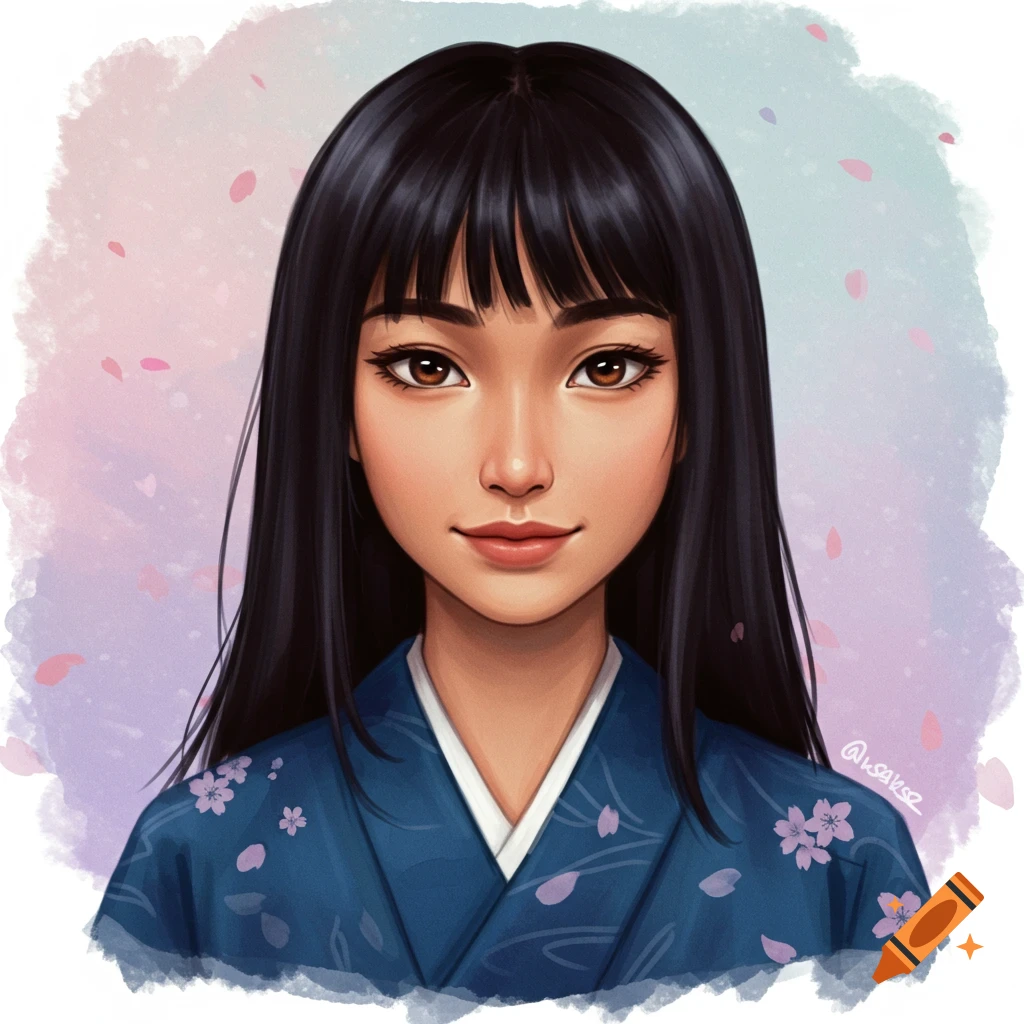 Digital painting portrait of a young woman in a blue kimono with floral pattern, set against a soft background with falling pink petals.