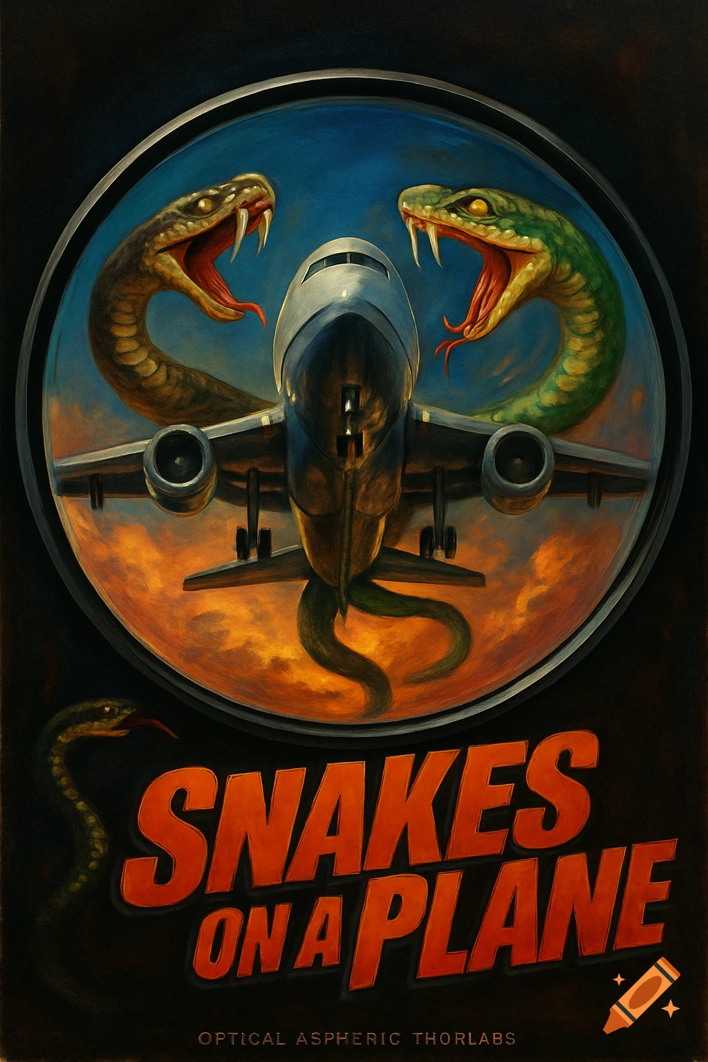 Movie poster for Snakes on a Plane showing a plane between two large snakes inside a circular border. Painterly style.