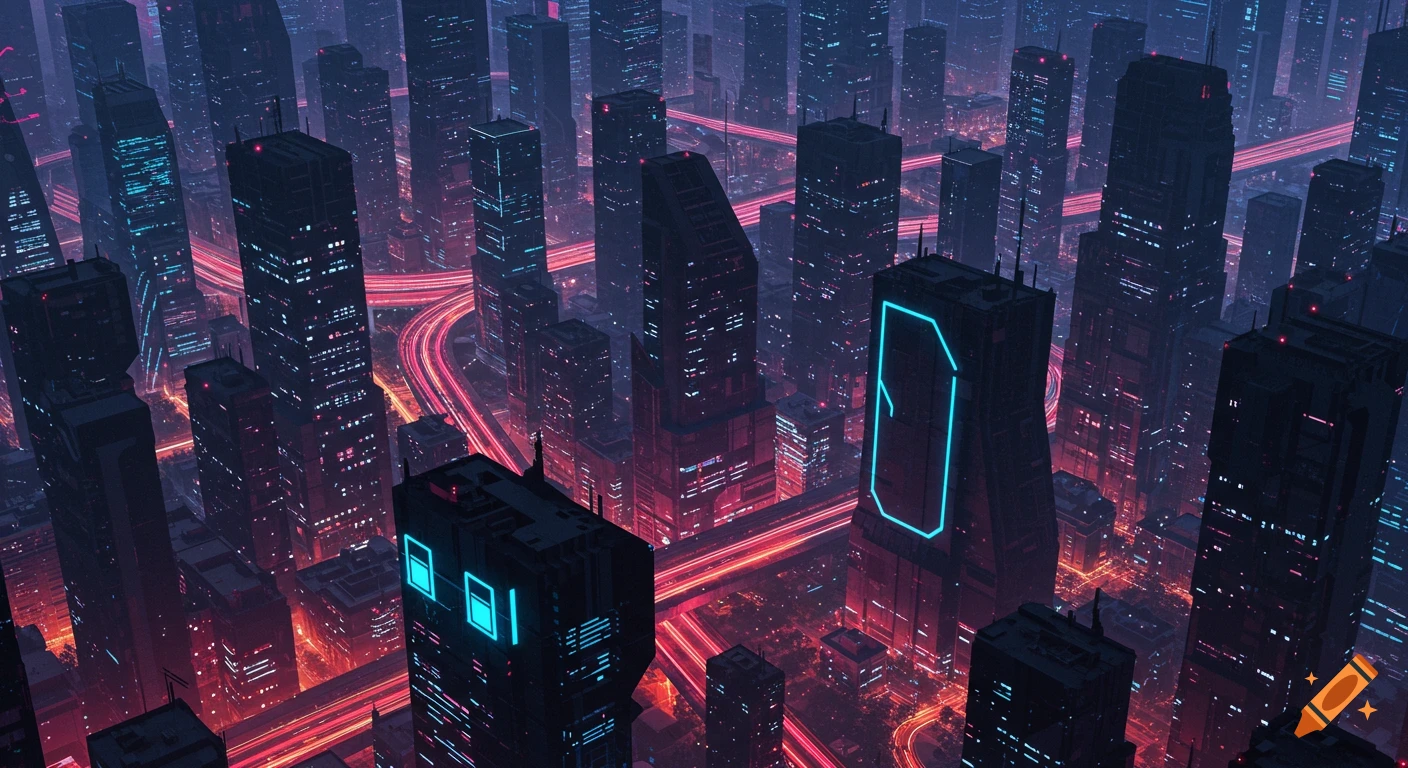 Futuristic cityscape at night with tall buildings and neon lights ...