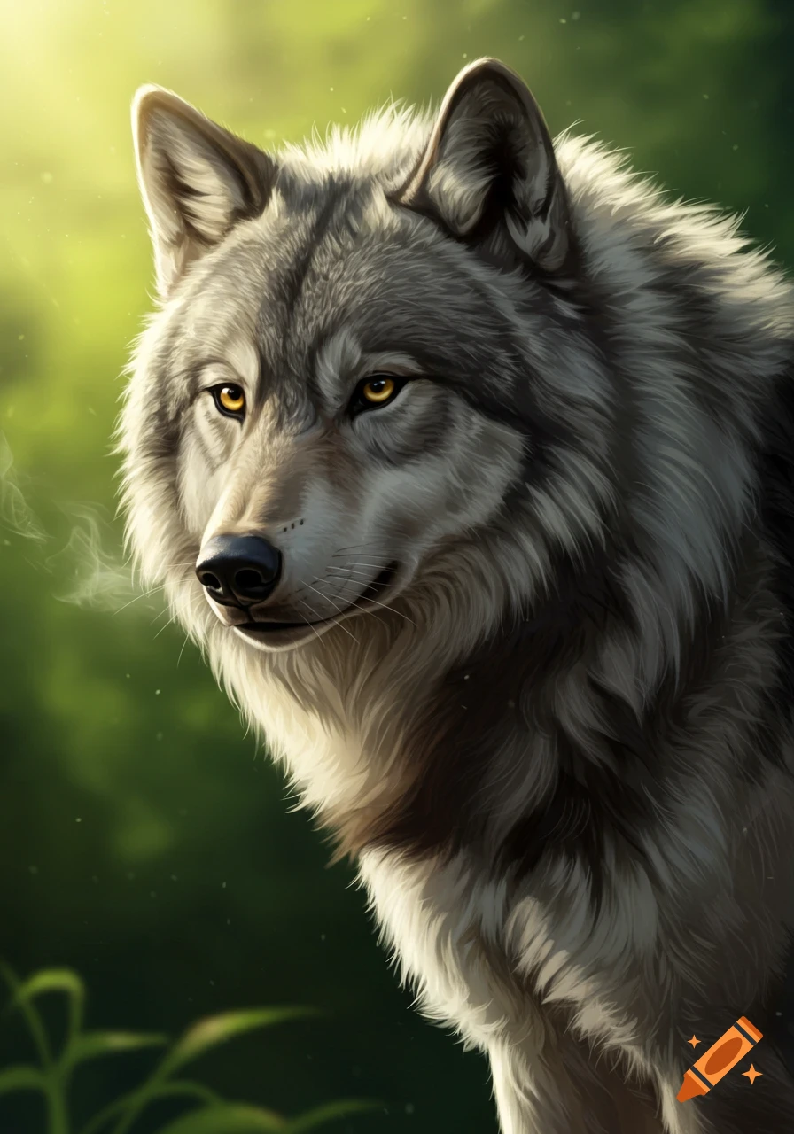 Close-up portrait of a gray wolf with yellow eyes looking left, with sunlit green foliage in the background.