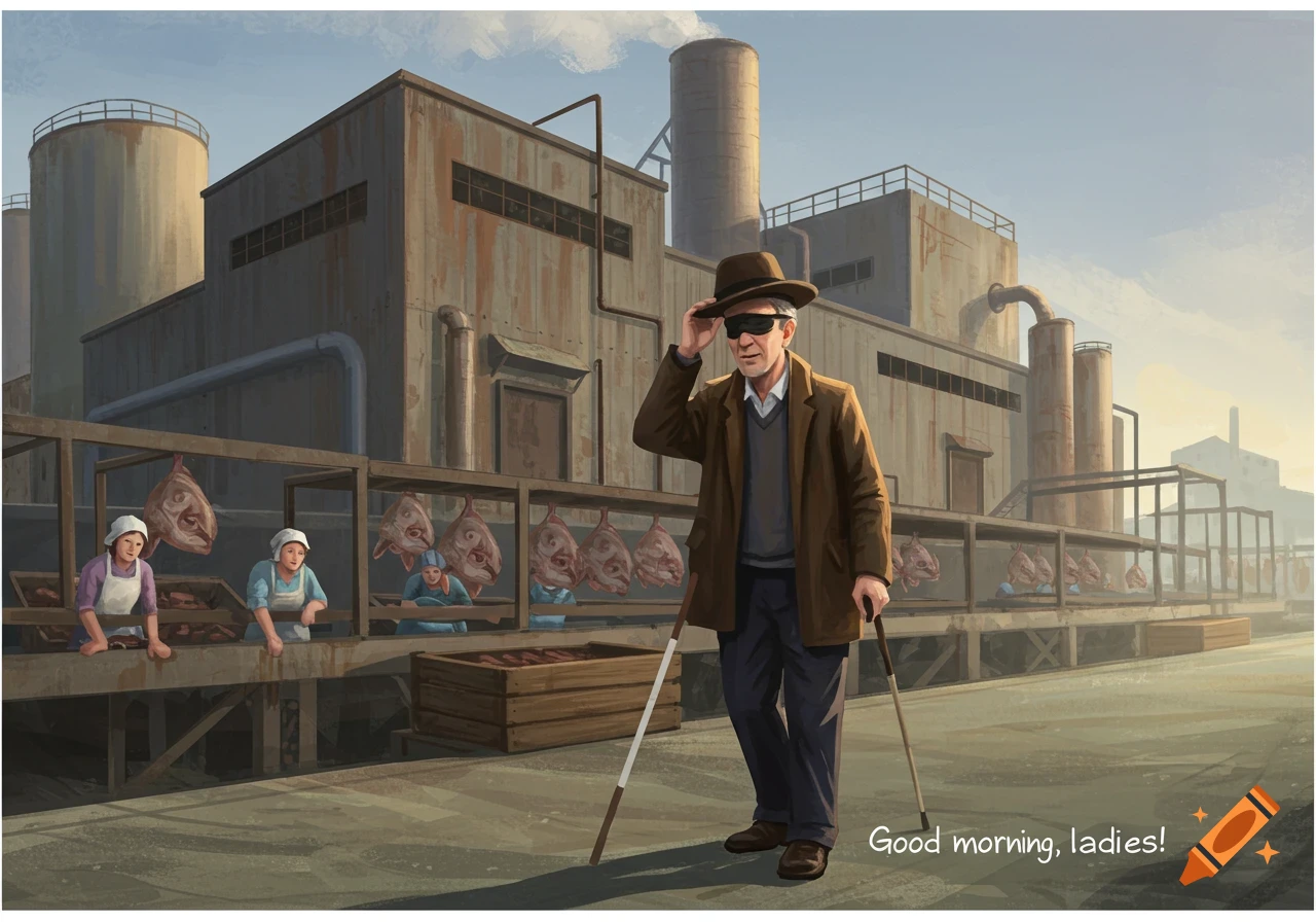 Illustration of a blind man tipping his hat outside a fish factory where workers handle hanging fish.