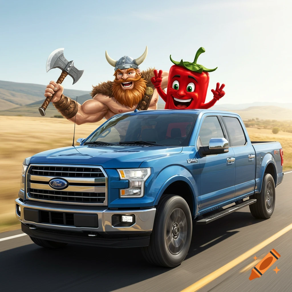 Cartoon viking and pepper characters ride in the back of a blue Ford F150 pickup truck.