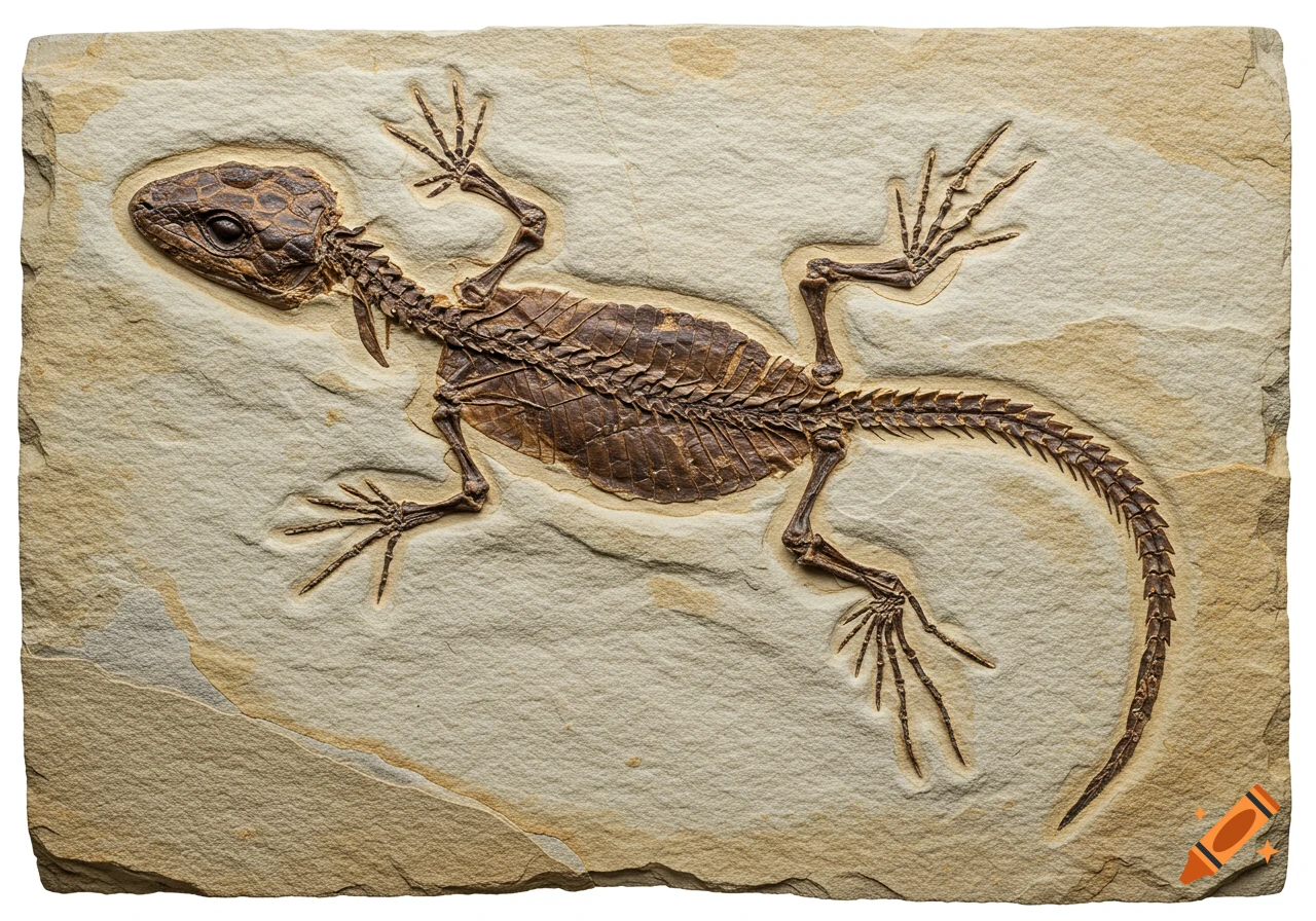 Detailed fossil of a lizard in a rock slab.