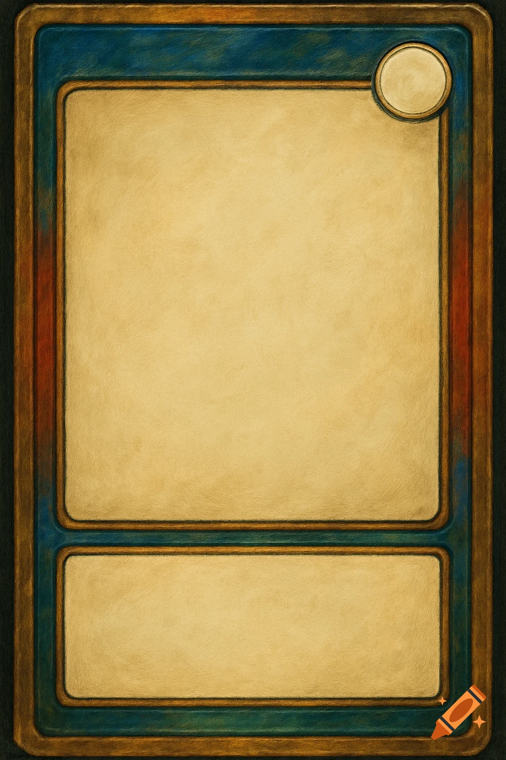 A blank card game template with a textured gold and blue border and beige background panels.
