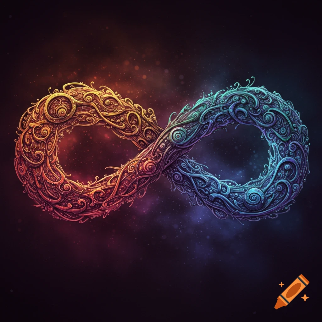 Intricate infinity sign split between warm red/orange and cool blue/teal colors against a dark, speckled background.