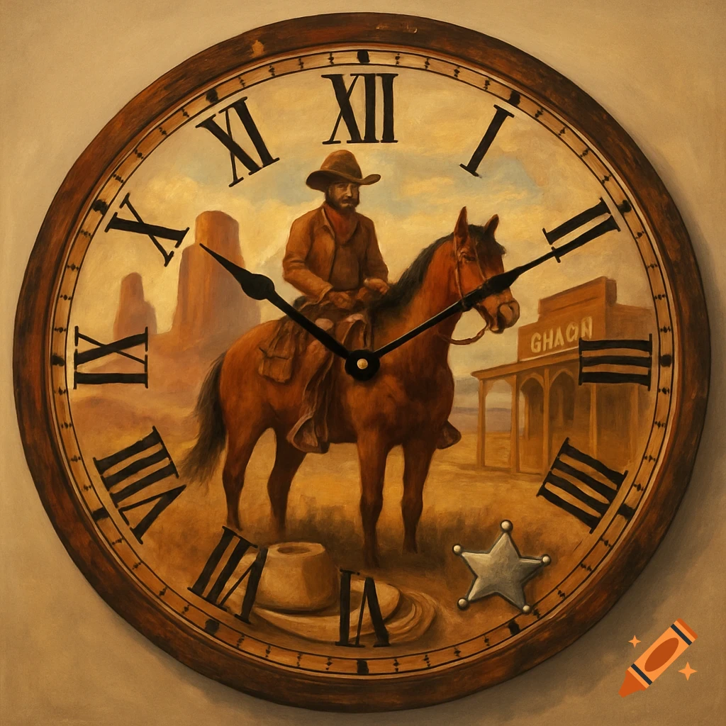 Painting of a cowboy on a horse in a western town scene on a clock face with Roman numerals.