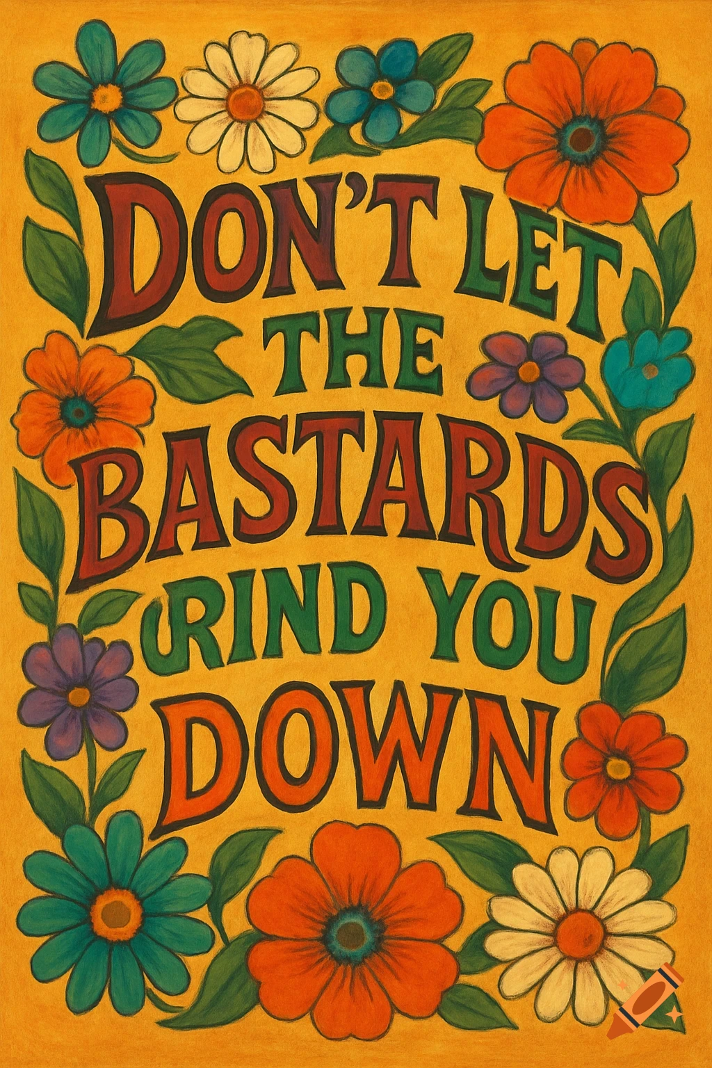 60s or 70s style poster with colorful flowers surrounding the text 'DON'T LET THE BASTARDS GRIND YOU DOWN' on a yellow background