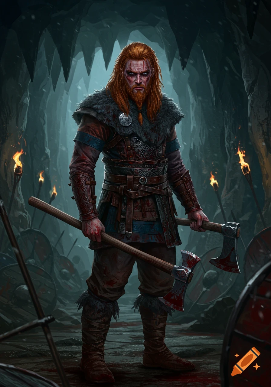 A bloody viking warrior with red hair stands in a cave holding two axes, with shields and bodies in the background.