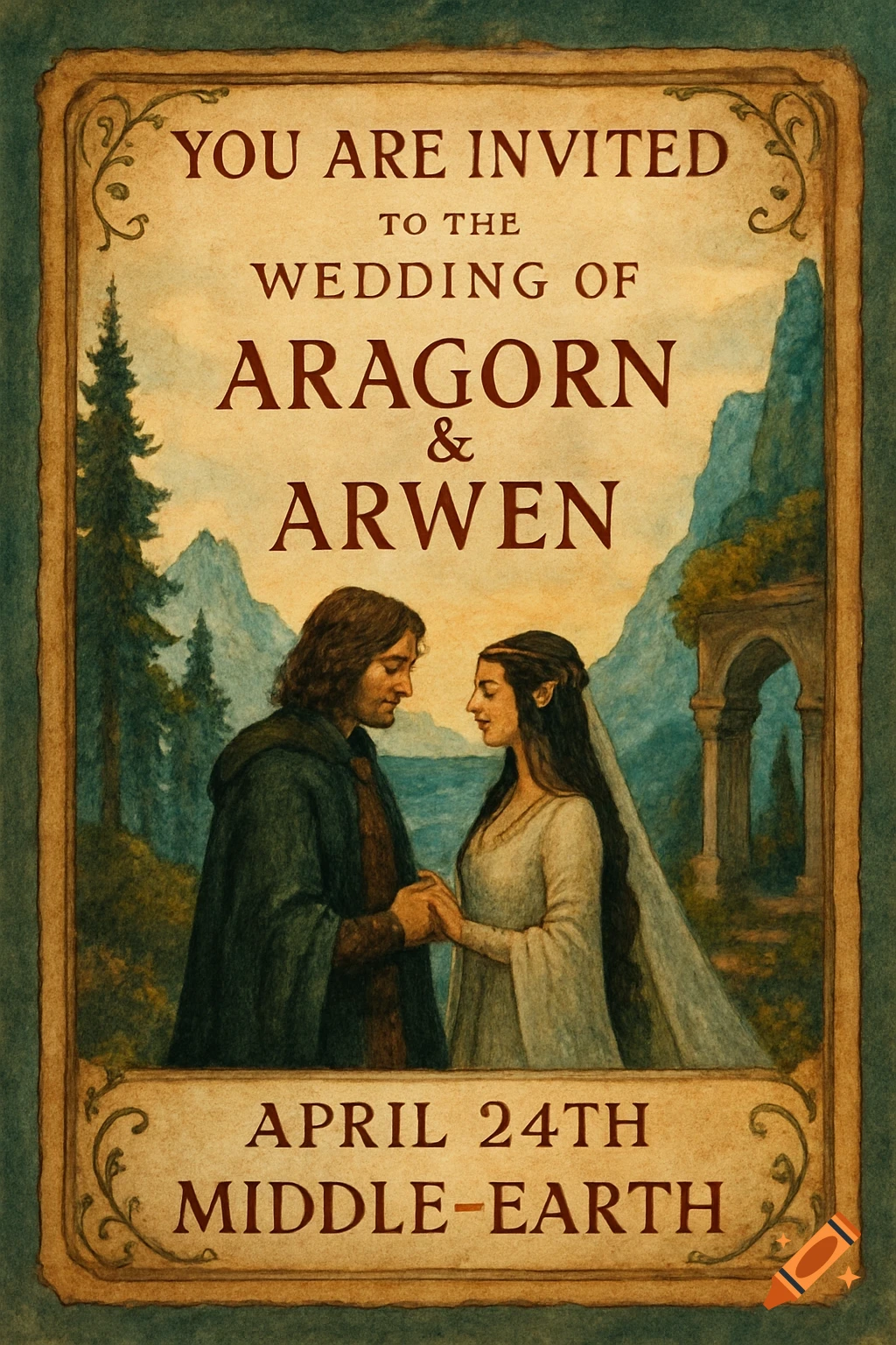 Illustration of a fantasy-style wedding invitation for Aragorn and Arwen.