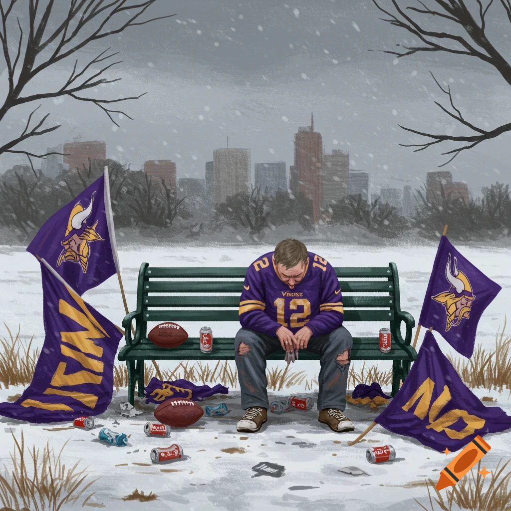 Dejected person in a purple Vikings jersey sits on a park bench in the snow, surrounded by discarded footballs, flags, and cans, with a city skyline in the background. Stylized digital painting.