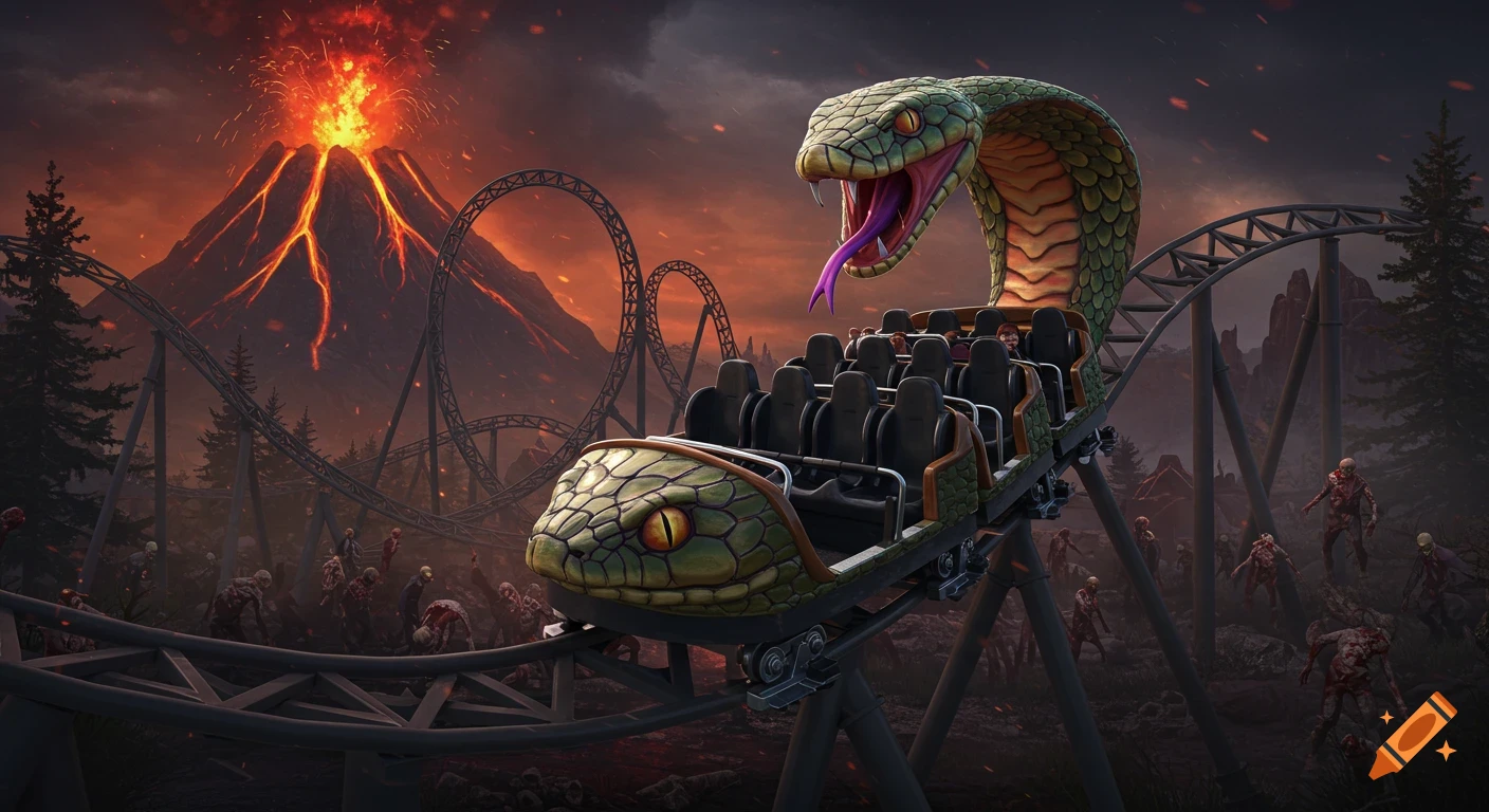 3D rendering of a snake rollercoaster with zombies and erupting volcano.