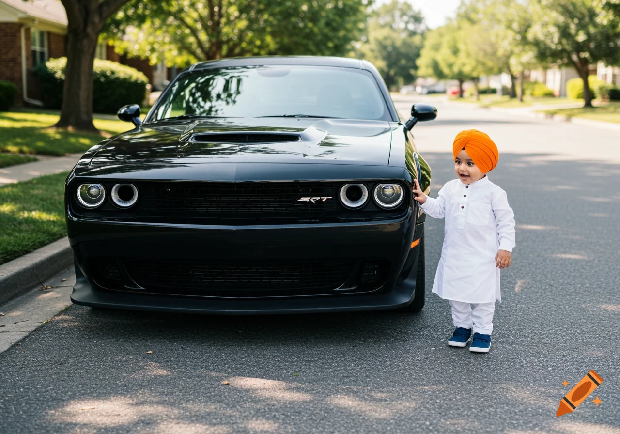 A Sikh child stands next to a black Dodge Challenger on a street.