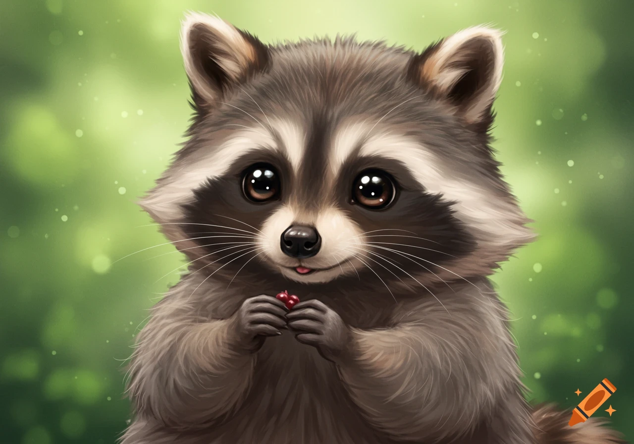 Cute illustration of a raccoon holding a berry in a forest setting.