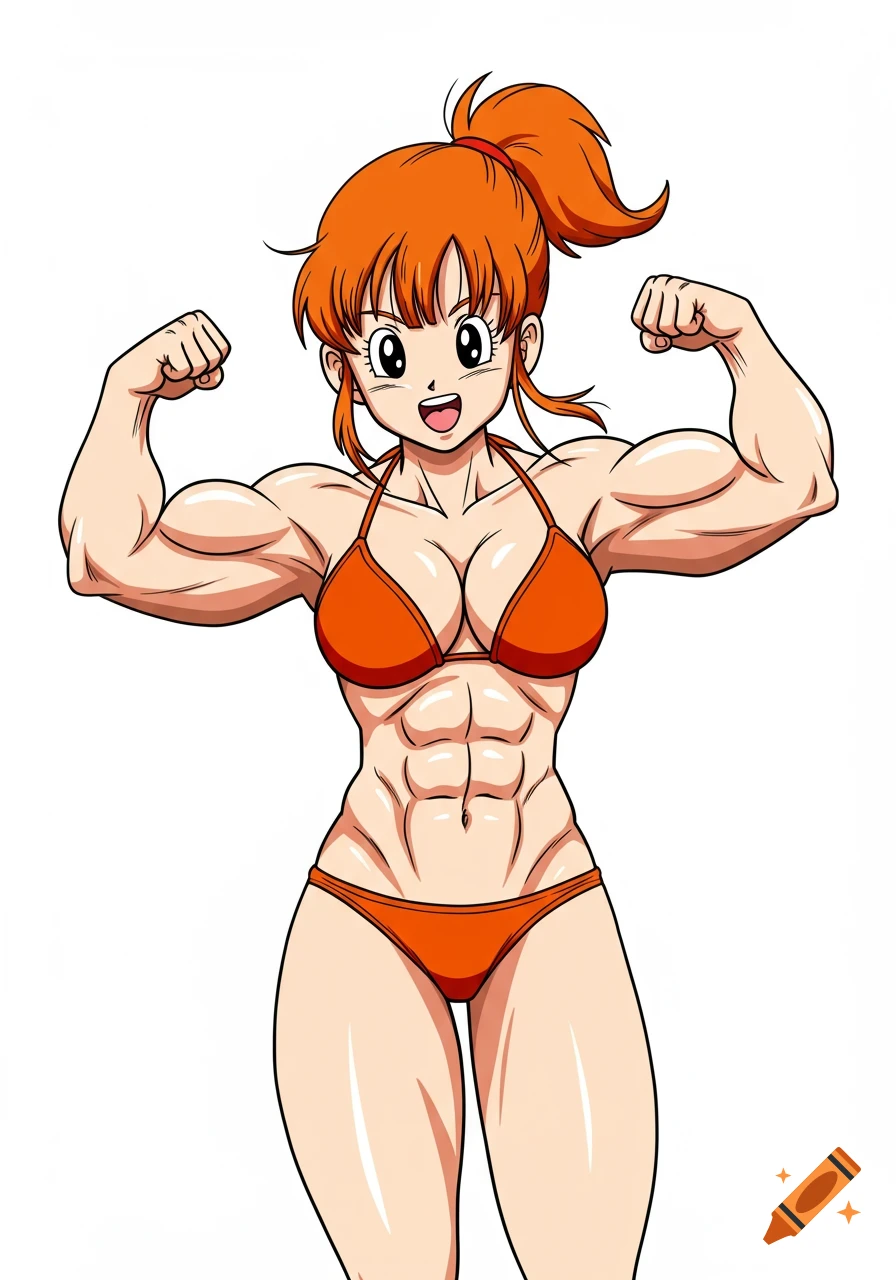 Anime character Chi Chi flexing her muscular arms in an orange bikini.