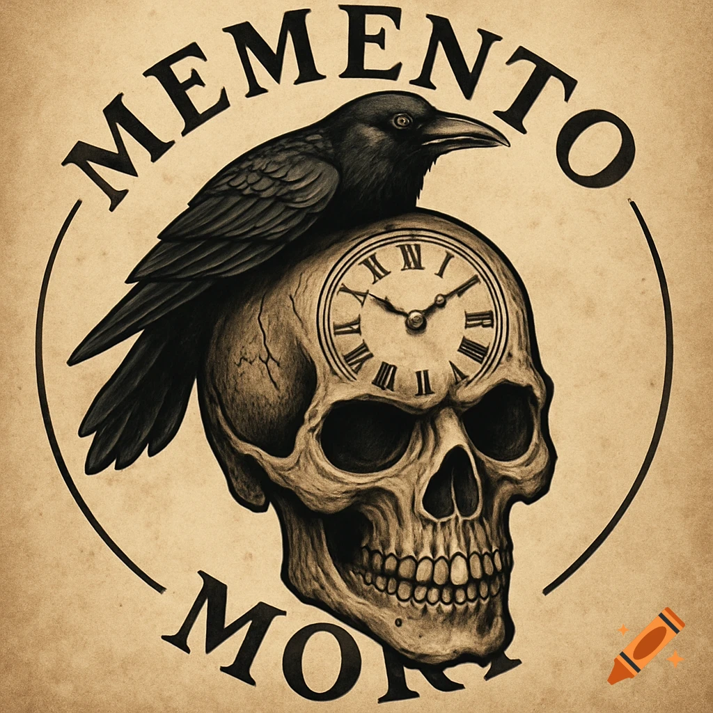 Drawing of a skull with a clock in its forehead and a raven perched on top, with "Memento Mori" written around it.