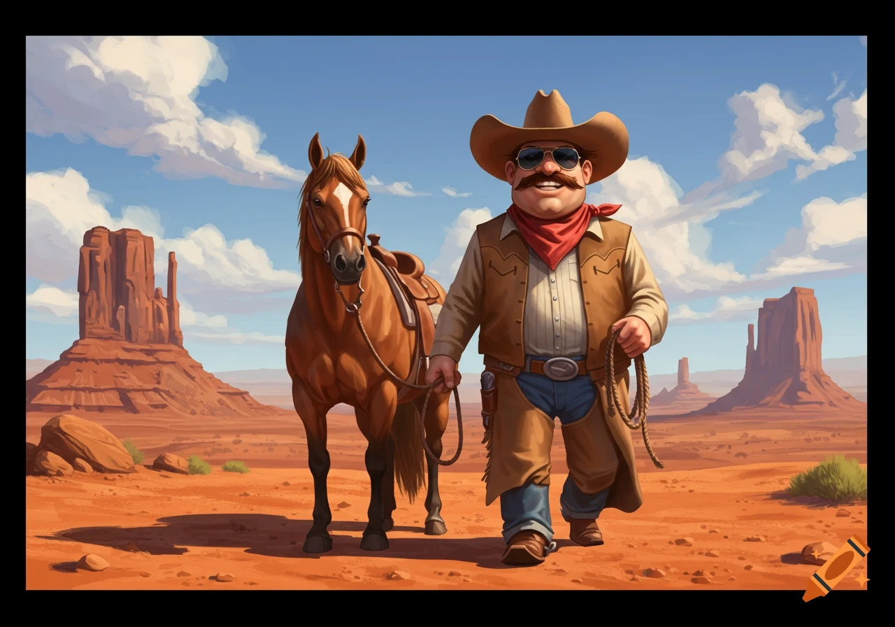 Cartoon cowboy walking a horse through a desert landscape