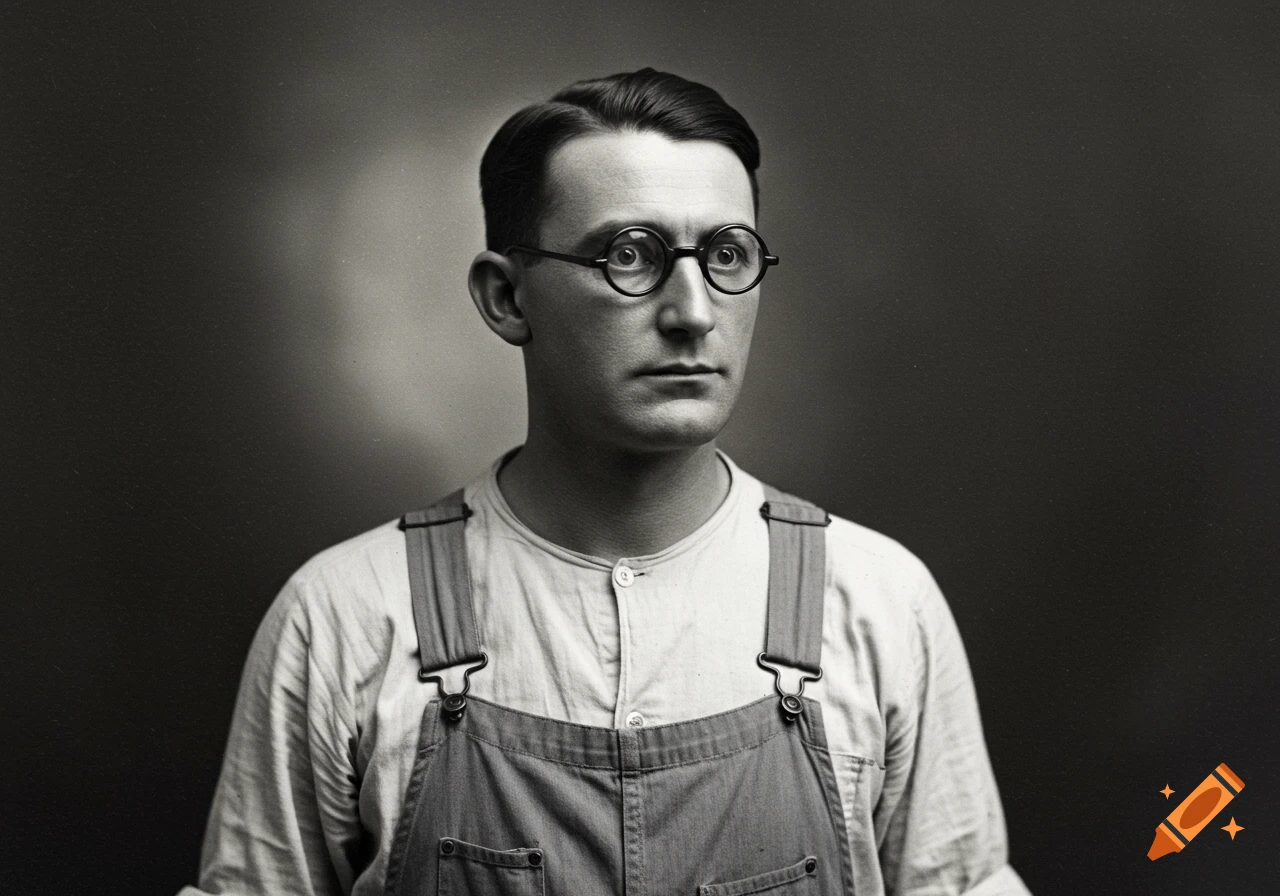 Black and white portrait of a man in 1920s style clothing and round glasses.