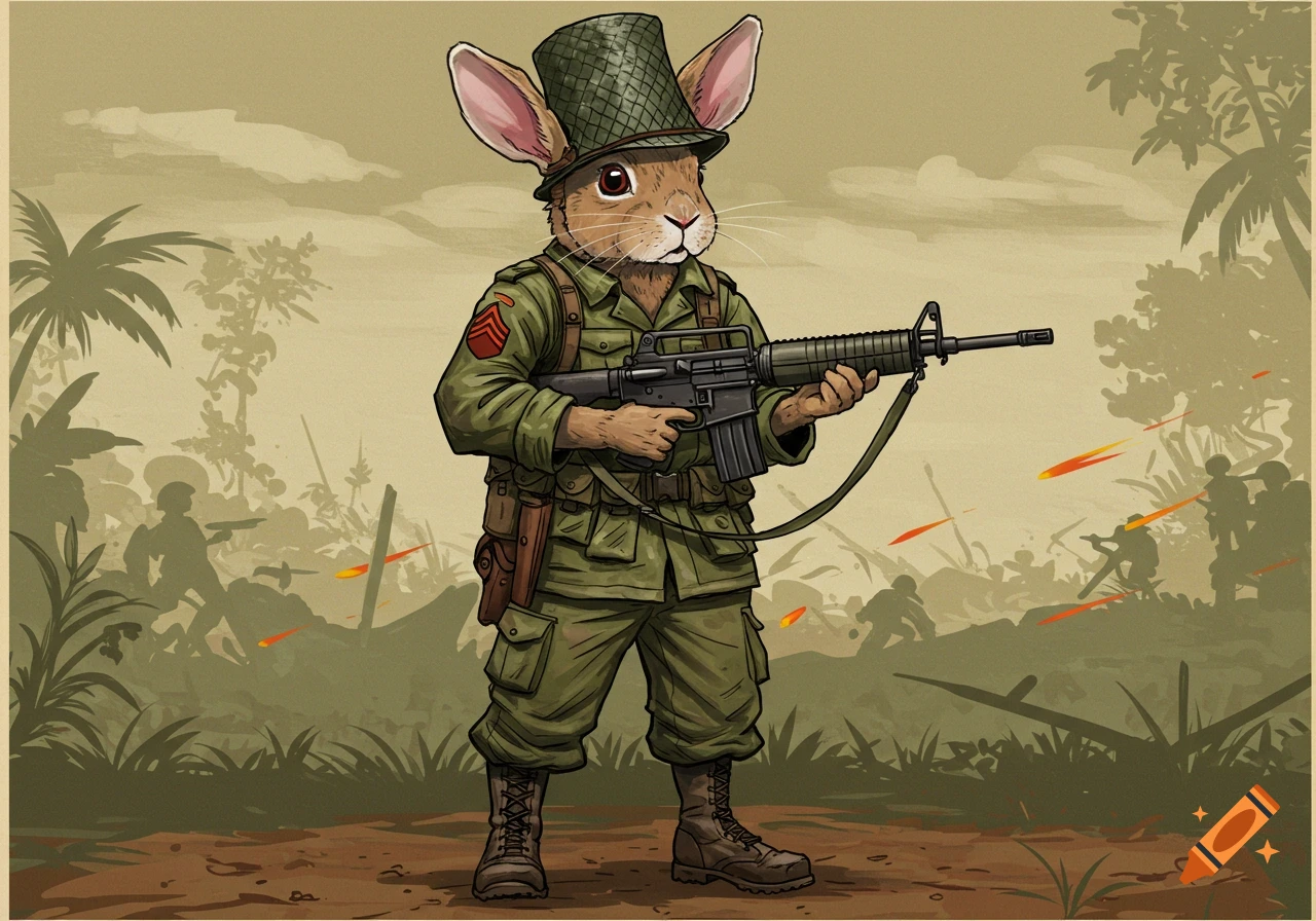 A rabbit wearing a Vietnam War American uniform and helmet, holding an M16 rifle, stands in a jungle landscape with distant soldiers and explosions.