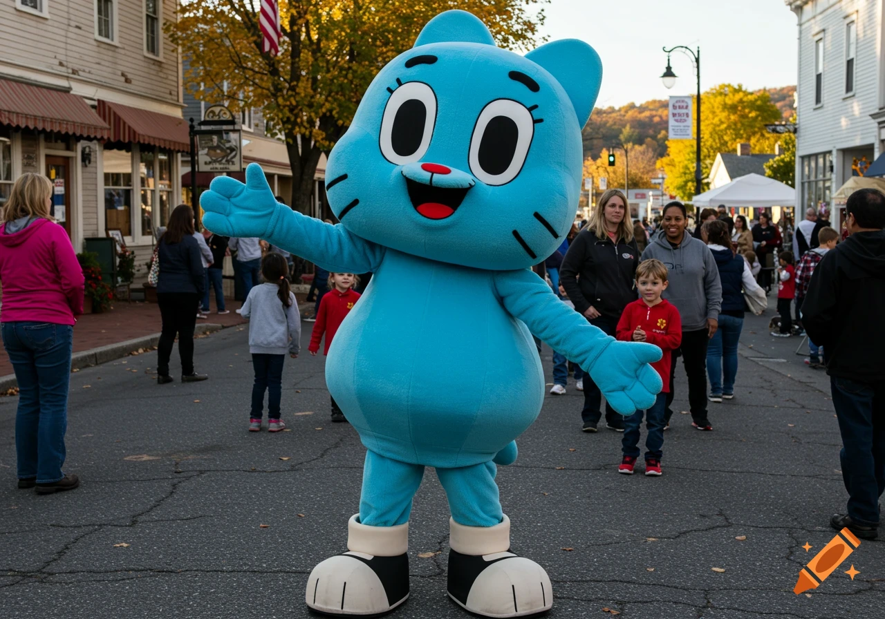 Person in a blue cat mascot costume stands in a street among a crowd.