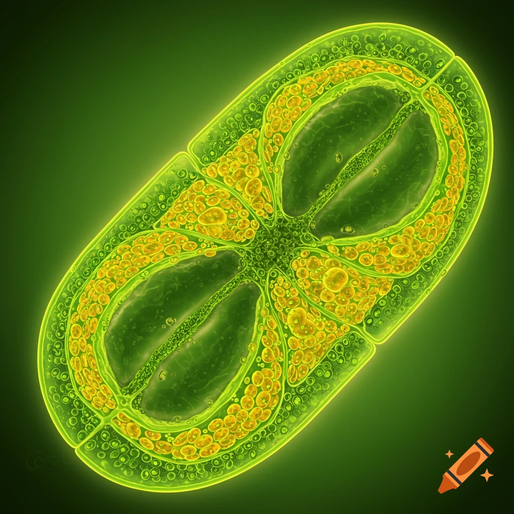 Microscopic view of a segmented green cell with yellow inner structures on a dark green background.