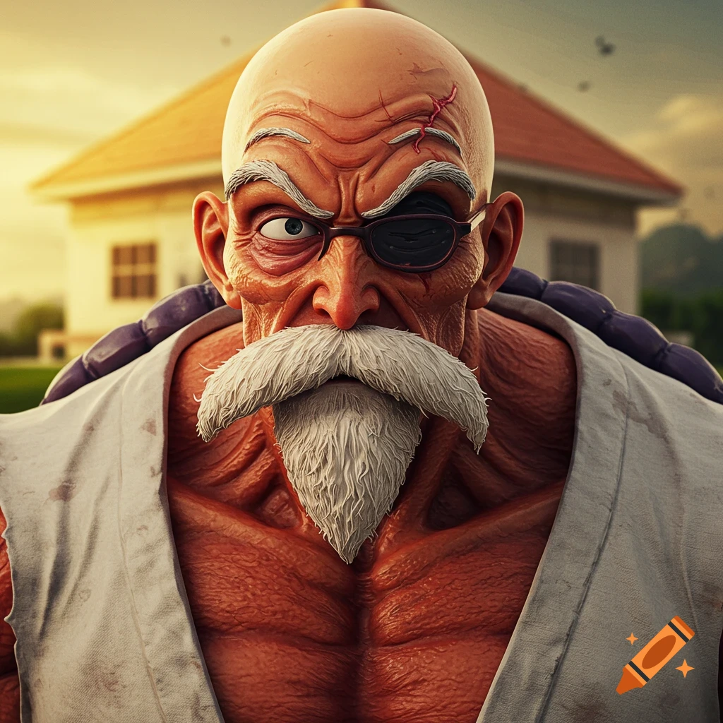 Close-up realistic portrait of a muscular old man with a white beard, eyepatch, and scar, wearing a robe, standing outside.