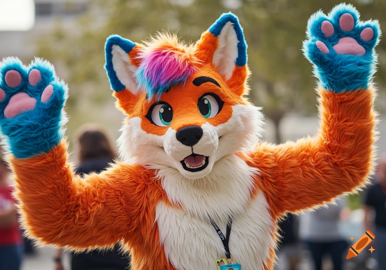 Person in a colorful fox fursuit waving hands up, photorealistic