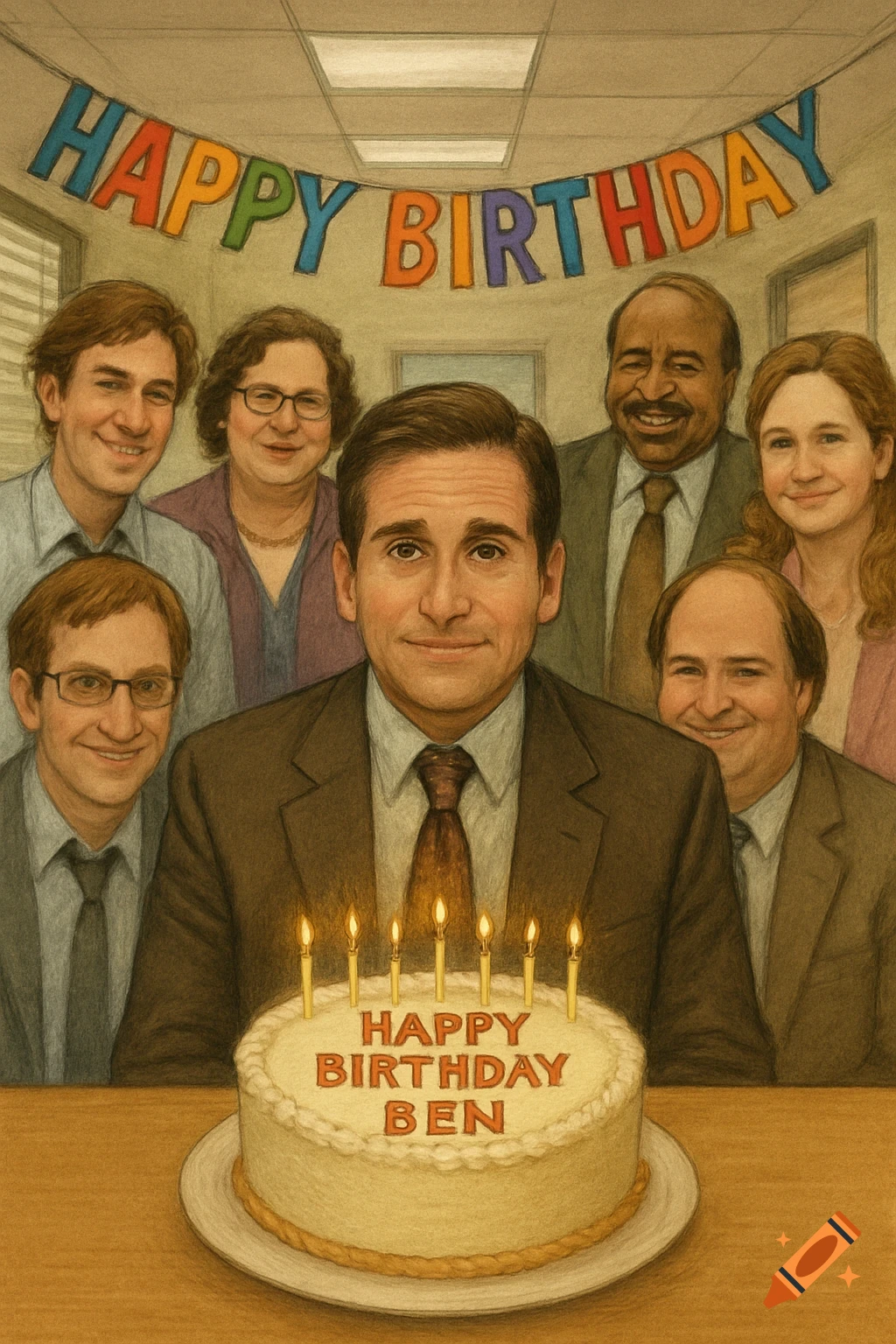 Illustration of The Office characters celebrating a birthday with a cake and banner