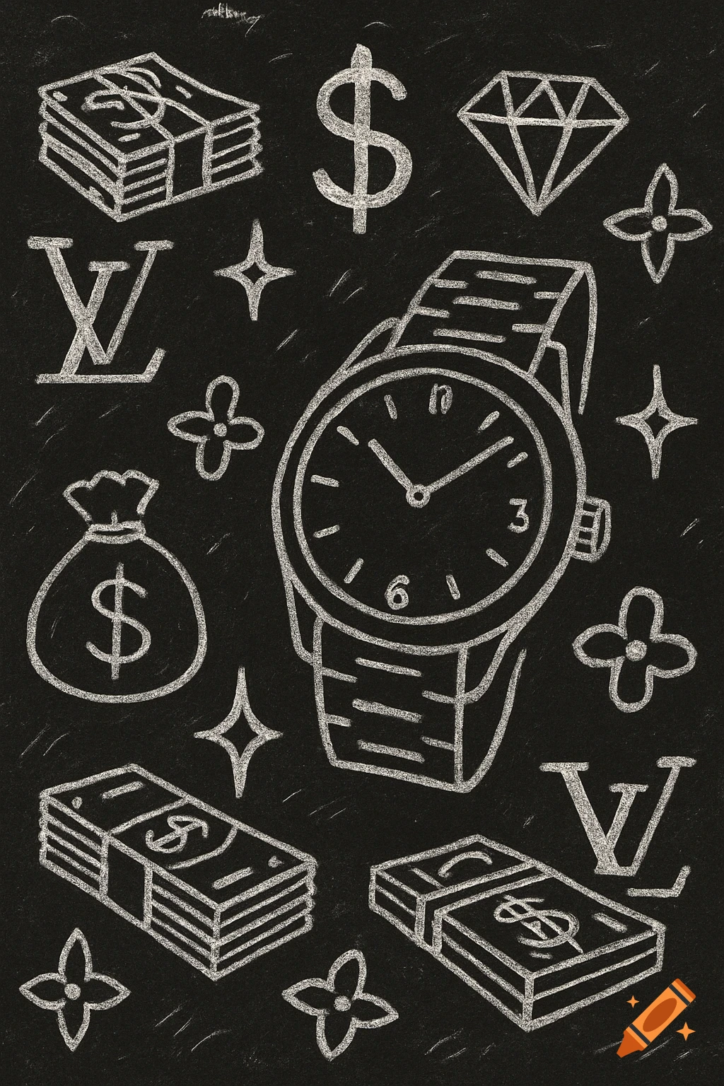 White scribbled symbols of money, diamonds, LV logo, and a watch on a black background.