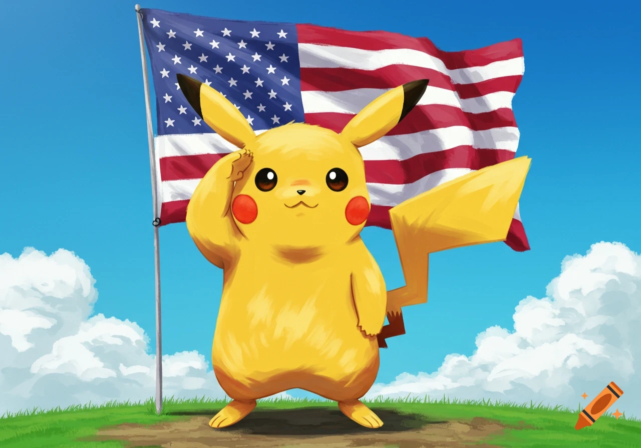 Pikachu saluting the American flag on a grassy hill.