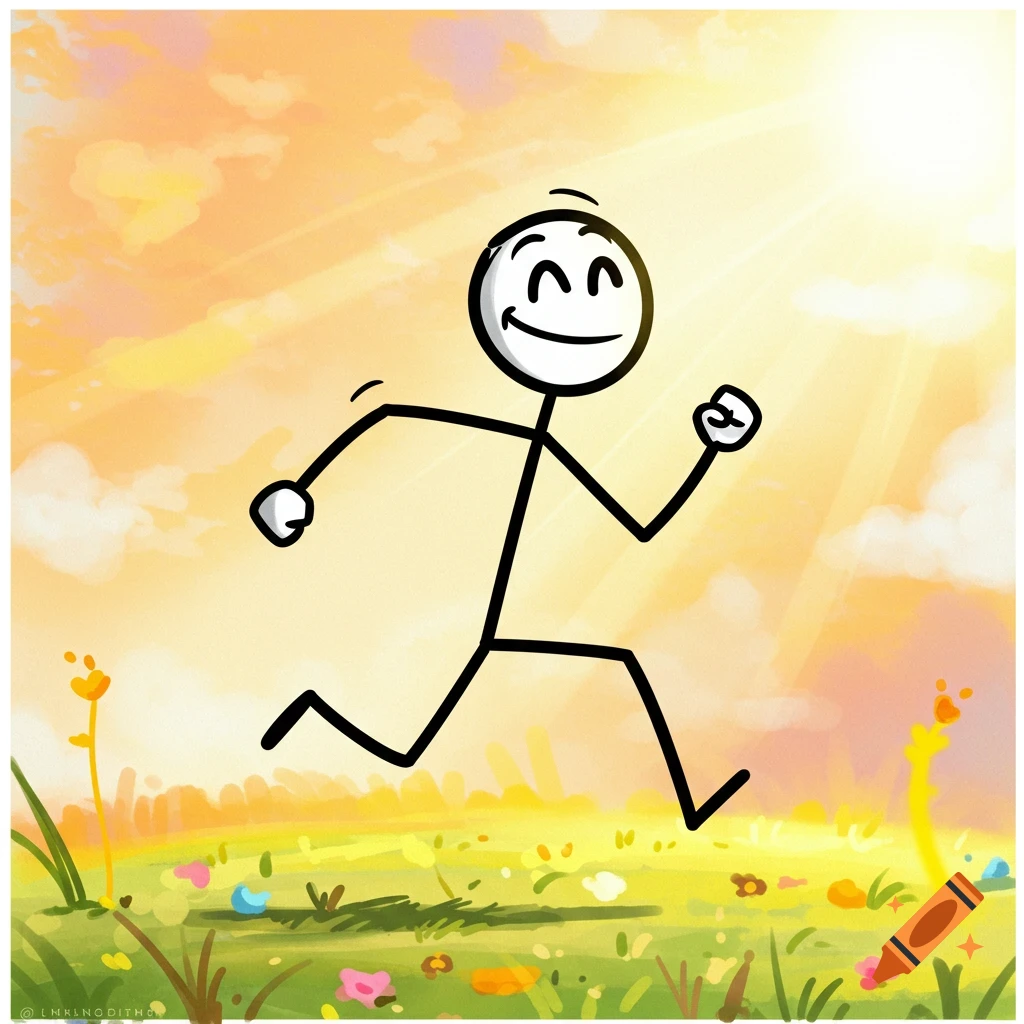 A cartoon stick figure person runs happily through a sunny field of grass and flowers.