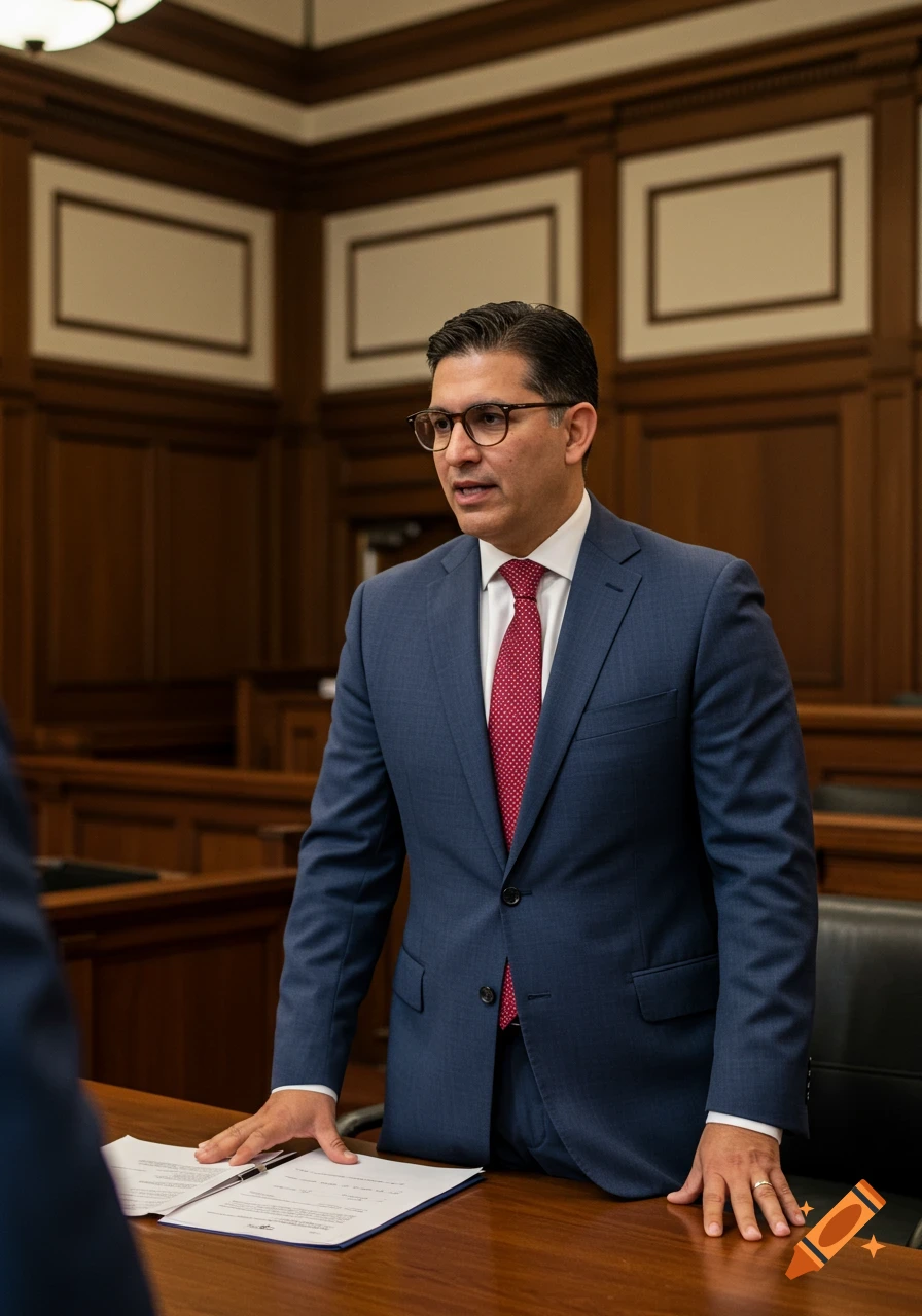 A lawyer in a blue suit stands at a desk with papers in a courtroom.