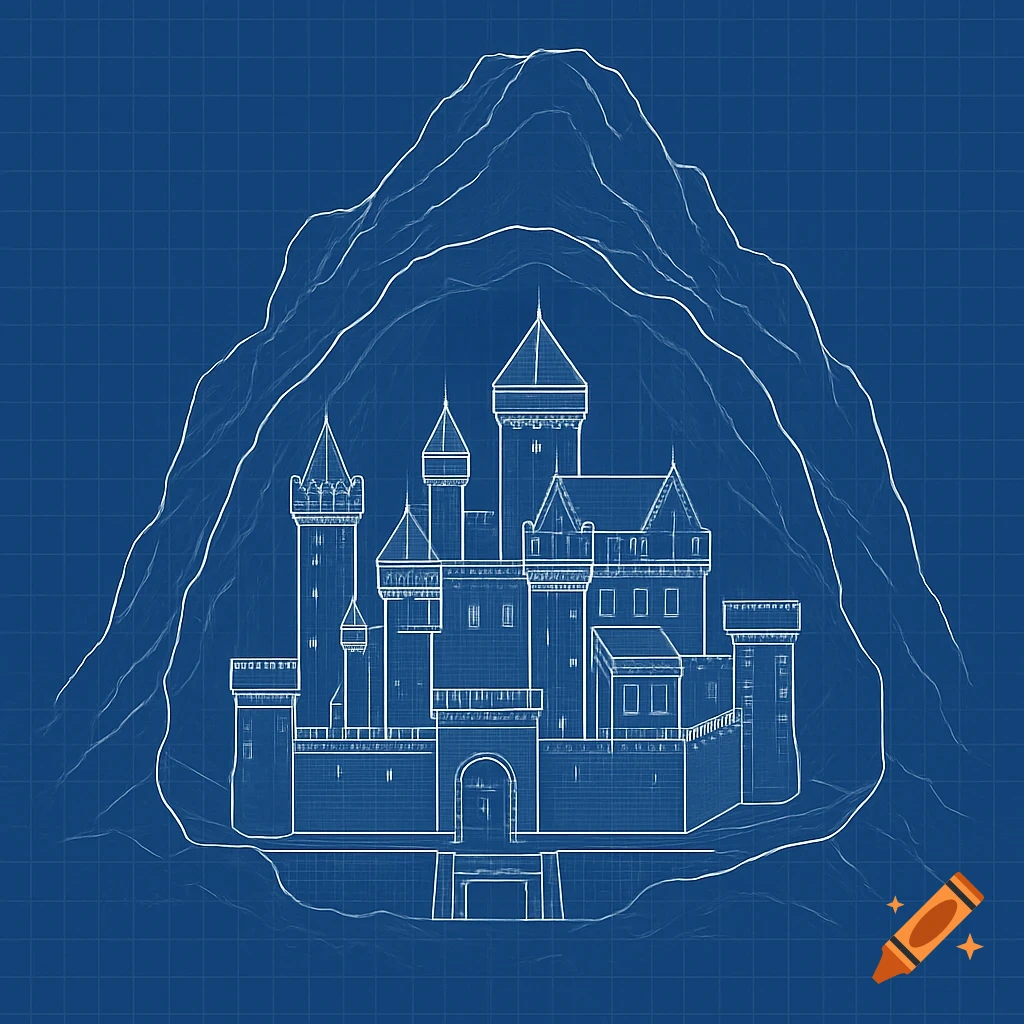 Blueprint drawing of a castle inside a mountain