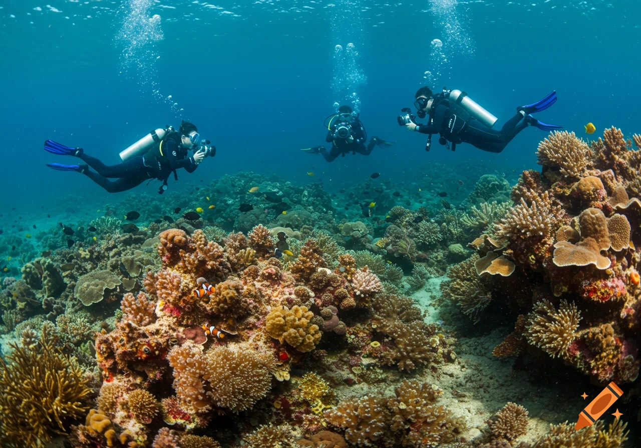 Three scuba divers explore a vibrant coral reef teeming with fish.