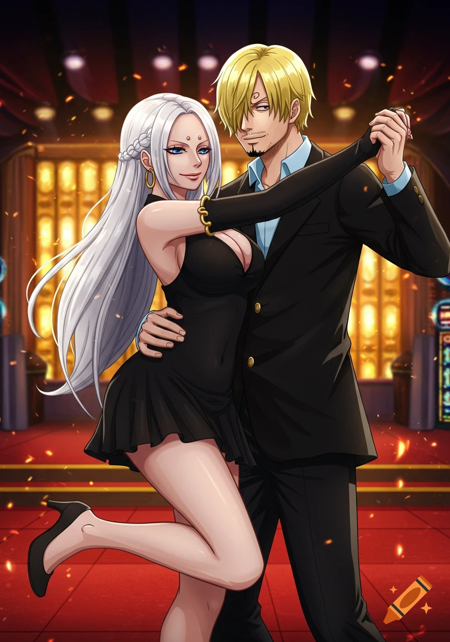 Anime characters Sanji and a woman in a black dress dancing in a golden casino.