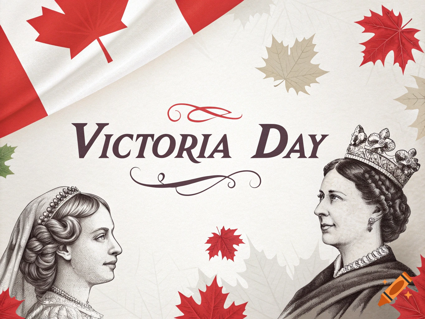 Illustration for Victoria Day with portraits of Queen Victoria, a Canadian flag, and maple leaves.