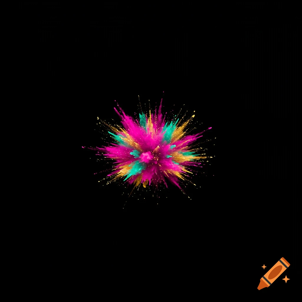 A vibrant pink, teal, and gold powder explosion on a black background.