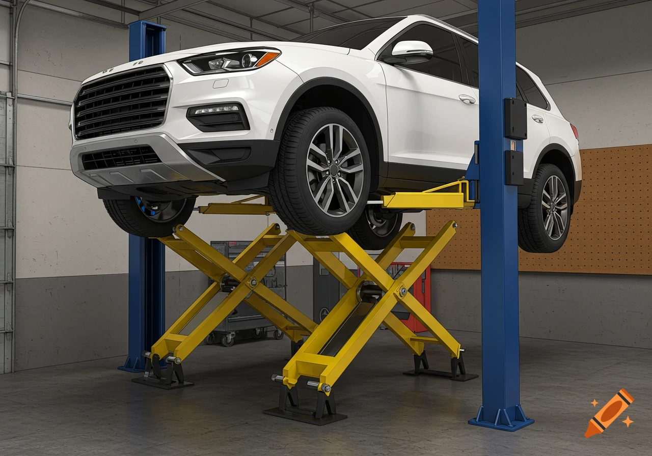 A white SUV is lifted high on a yellow scissor lift in a garage.