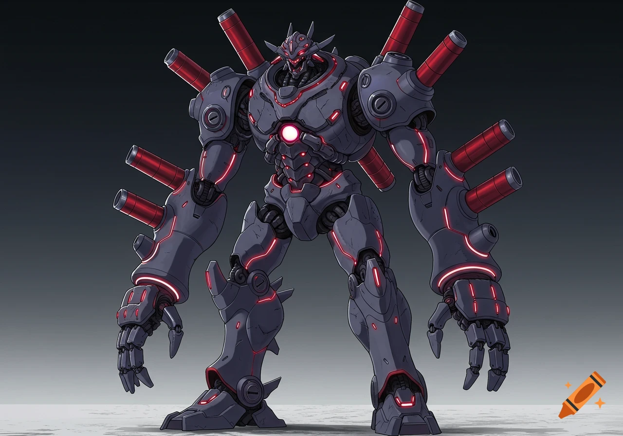 A large, dark gray robot with red glowing lines and cylindrical red weapons on its back and arms.