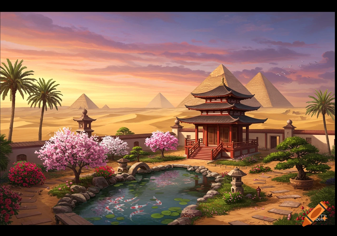 A Japanese garden with a pagoda, pond with koi fish, and cherry blossom trees, set against a desert backdrop with pyramids at sunset.