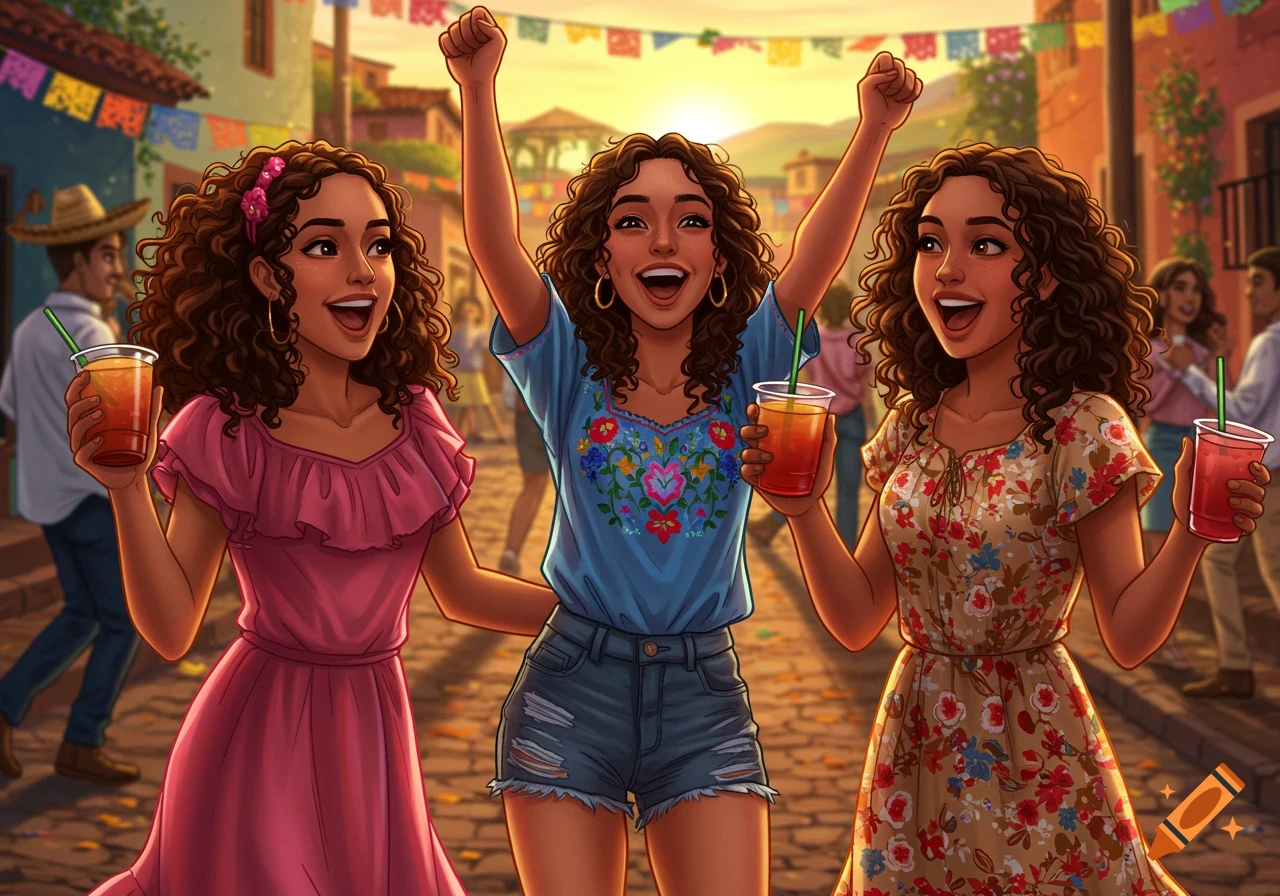 Illustrated image of three young women celebrating outdoors with drinks and decorations.