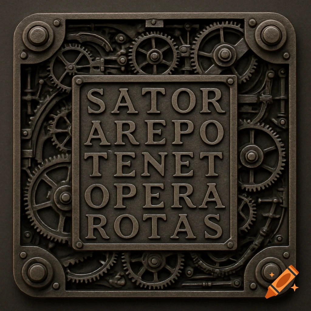 A square mechanical plate surrounded by gears, displaying the SATOR AREPO TENET OPERA ROTAS text.