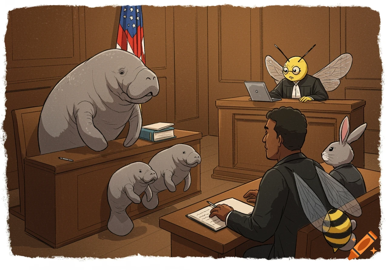 Illustrated courtroom scene with manatees, rabbit, human defendant, and bee judge.