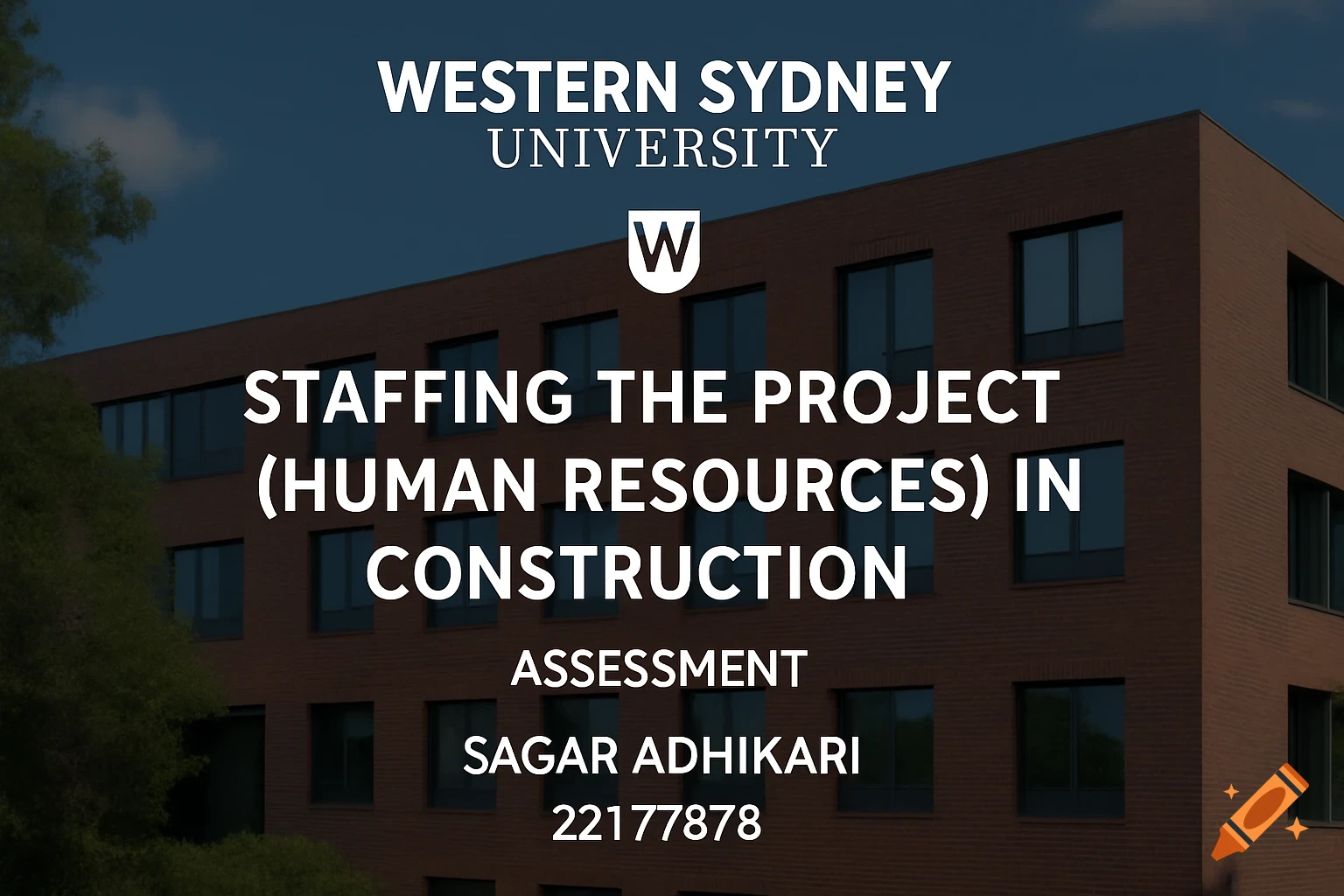 Western Sydney University building with text overlay showing a report title, name, and student ID.