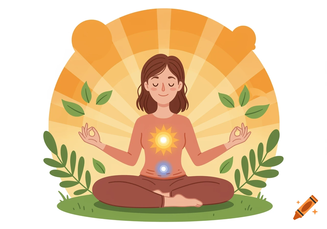 Clipart illustration of a woman meditating with sun rays, leaves, and chakra points.
