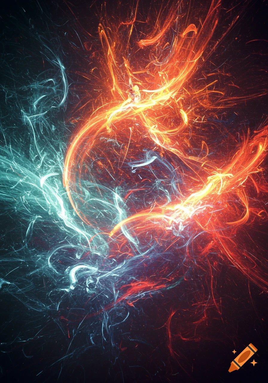 Abstract swirling lines of red-orange and blue-cyan light on a dark background.